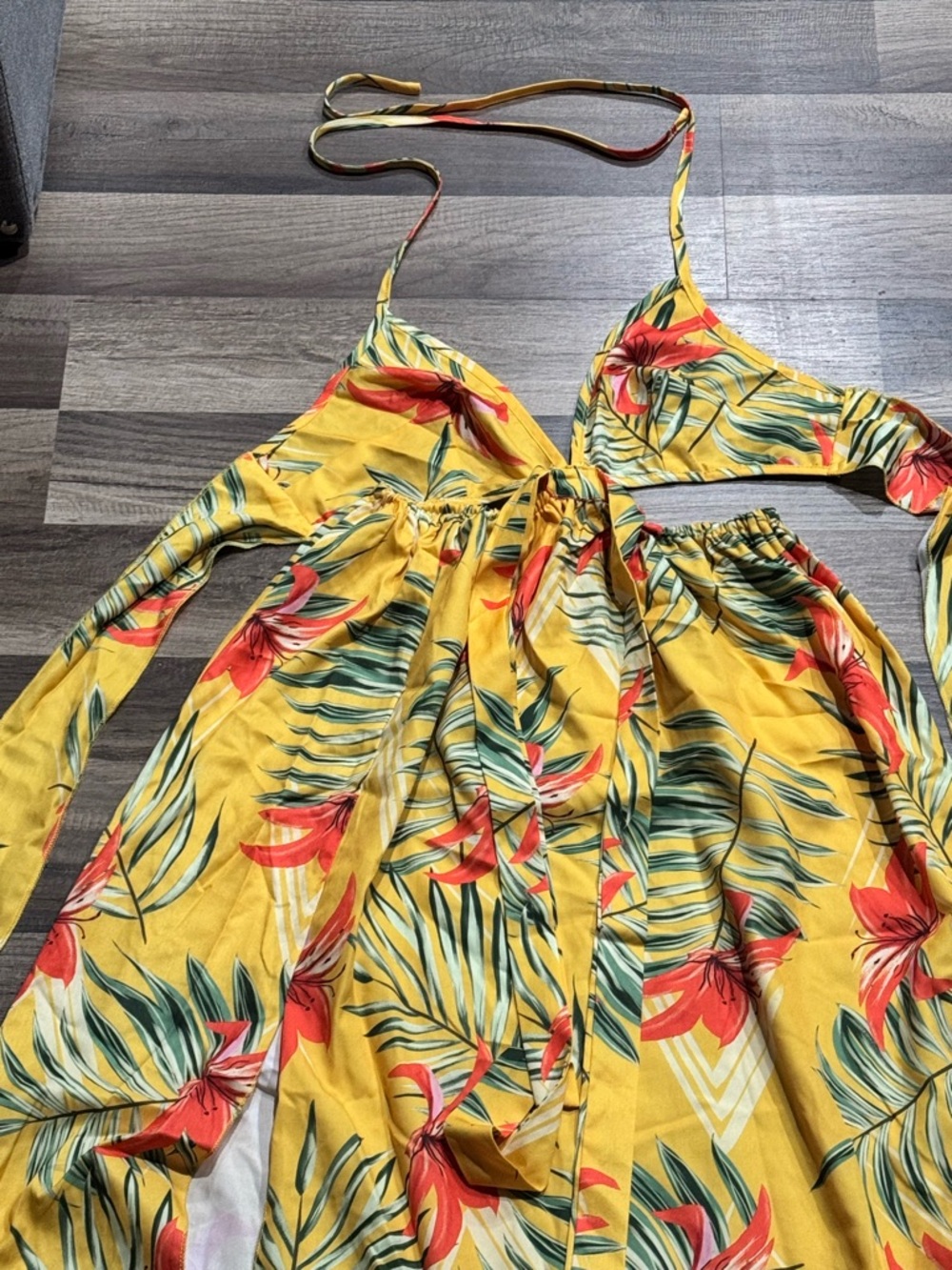 Bright Yellow Tropical Floral Maxi Dress with Tie Detail - Picture 2 of 3